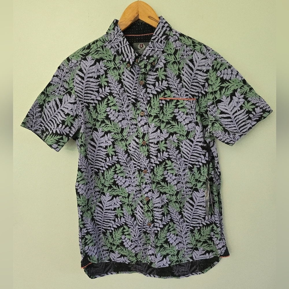 Stitches & Rivets Mens Shirt S Short Sleeve Button Front Purple Green Leaf